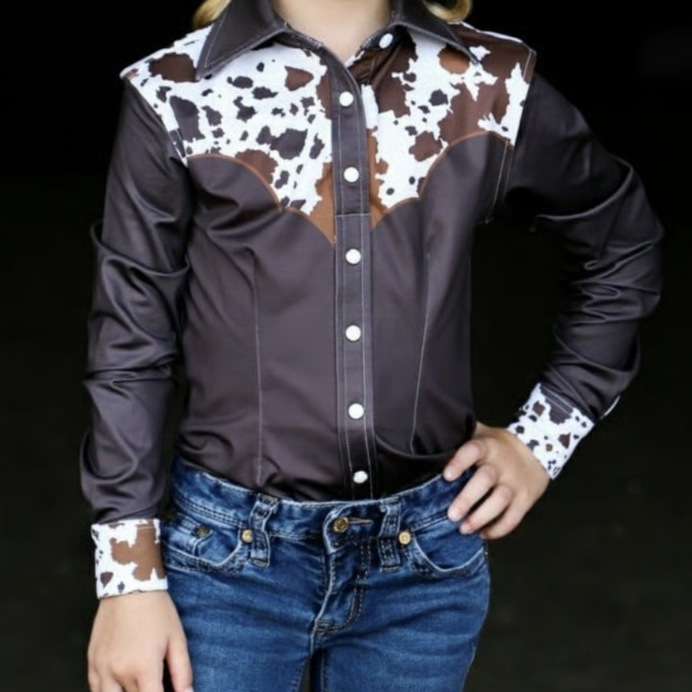 RANCH DRESS'N "Cattle Drive" brown & white Performance rodeo shirt size XL
